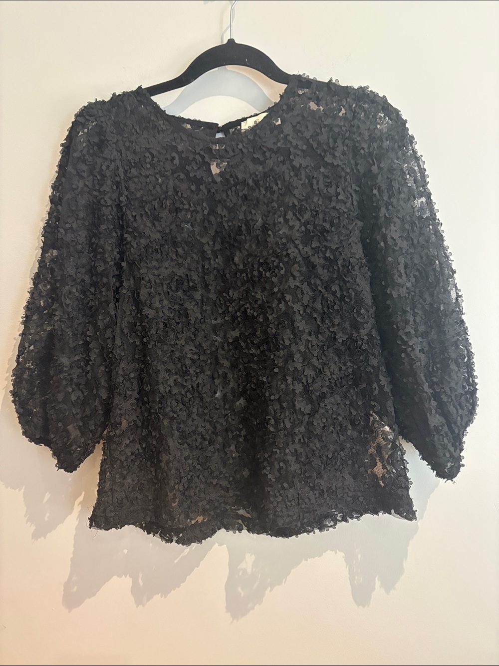 Textured Black Puff-Sleeve Blouse